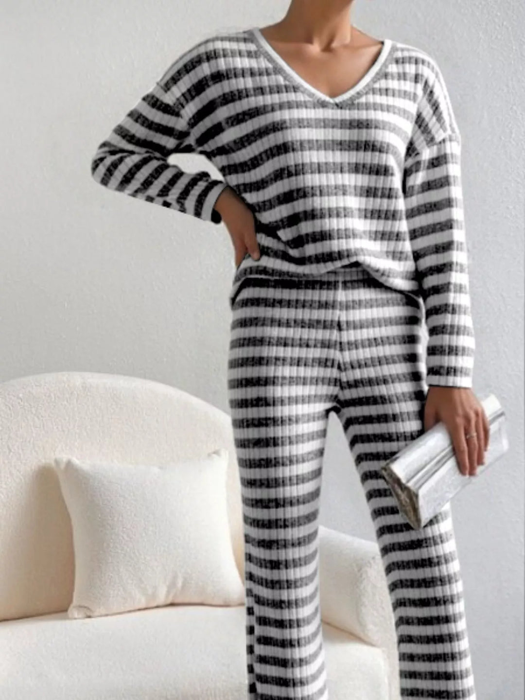 Striped ribbed knit V-neck top and wide leg pants set