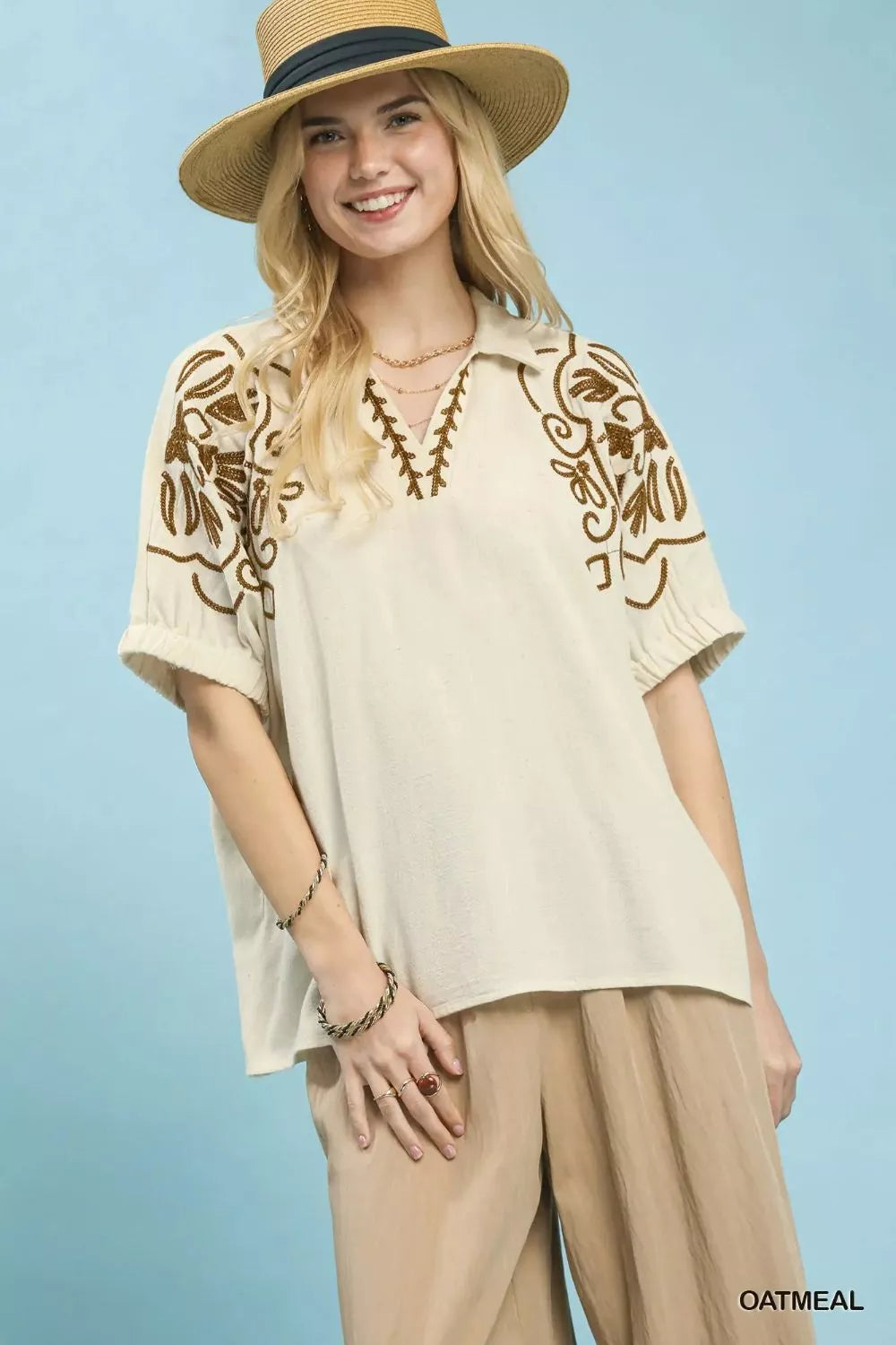 Floral embroidered puff sleeve blouse with split collar
