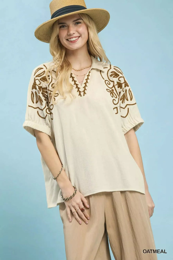 Floral embroidered puff sleeve blouse with split collar