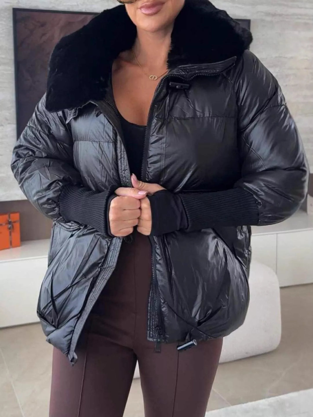 Glossy padded puffer jacket with faux fur collar