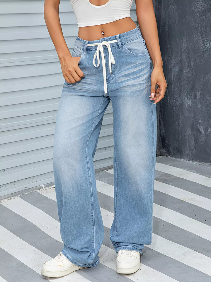 Sky Blue Drawstring waist wide leg jeans with faded wash