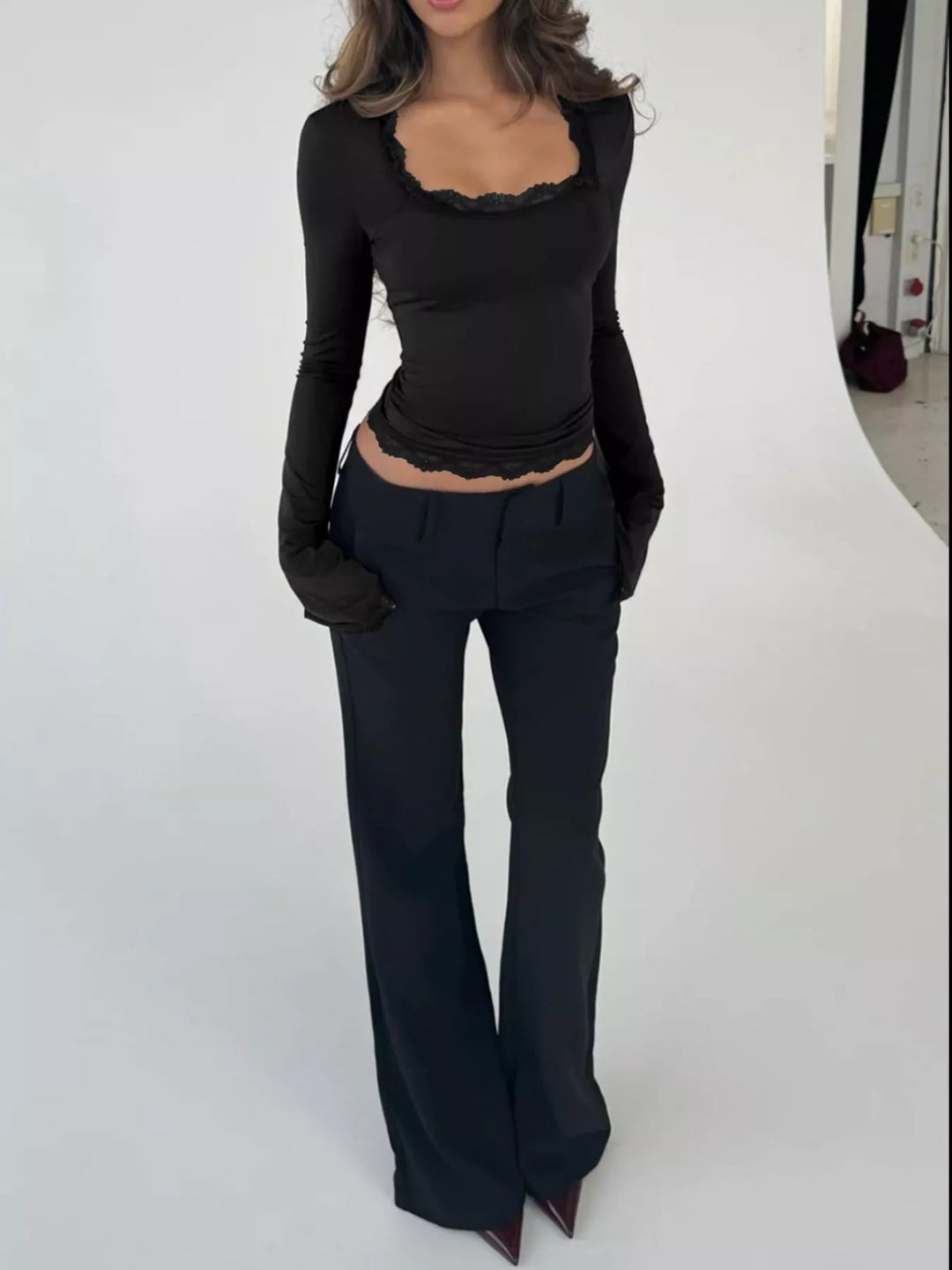 Lace trim long sleeve top with square neck and bell cuffs