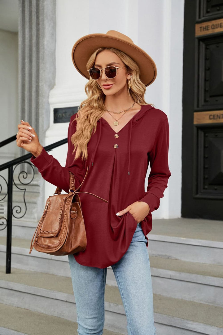 Burgundy Hooded drawstring tunic blouse with button placket
