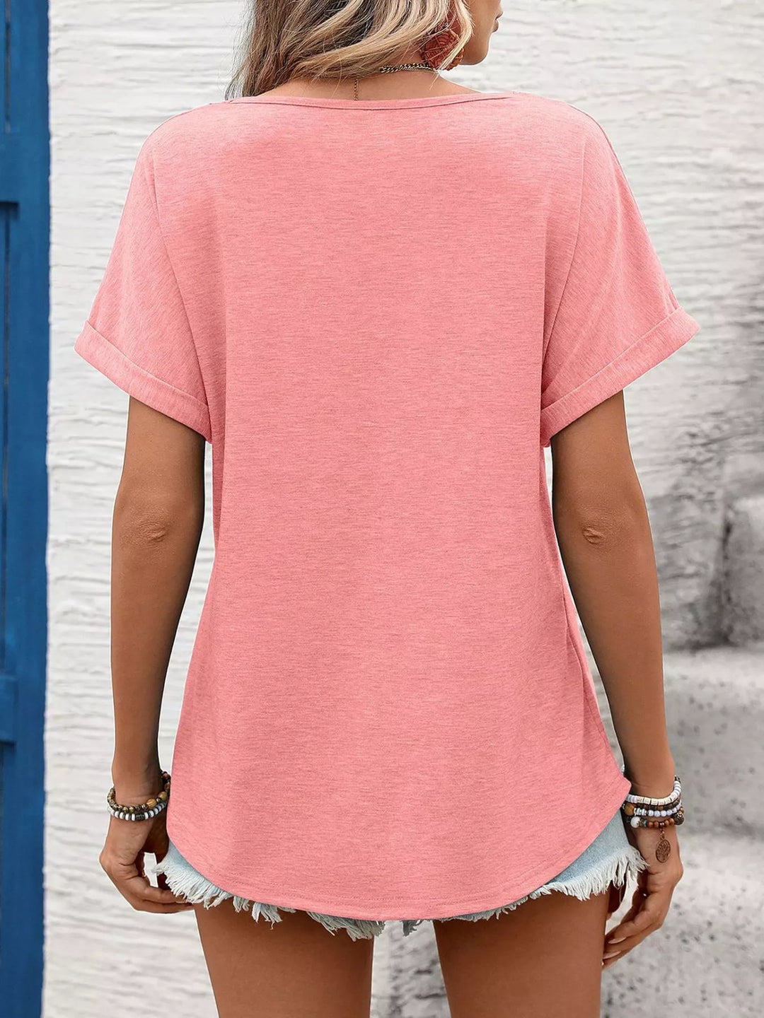 Lace-trim V-neck short sleeve top with rolled cuffs