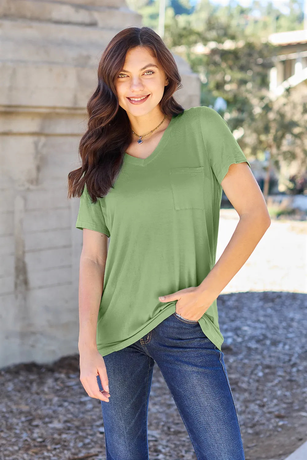 Matcha Green V-neck short sleeve bamboo tee with chest pocket