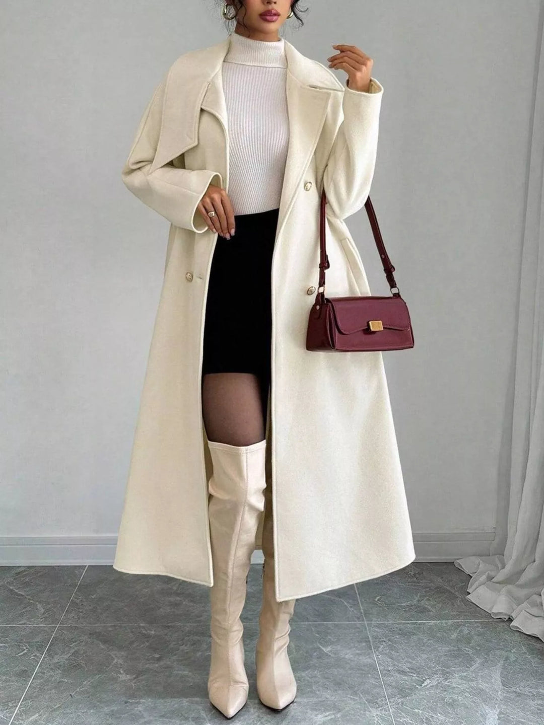 White Double-breasted belted longline coat with stand collar