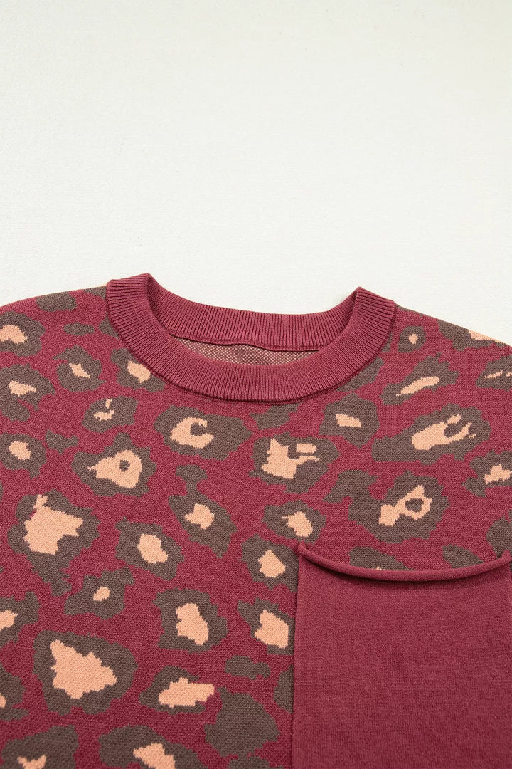 Leopard print cap sleeve knit top with chest pocket
