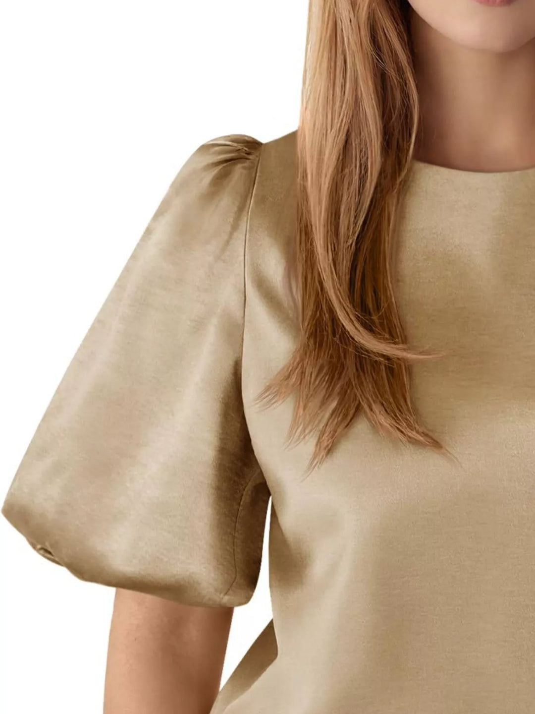 Short puff sleeve satin top with round neck