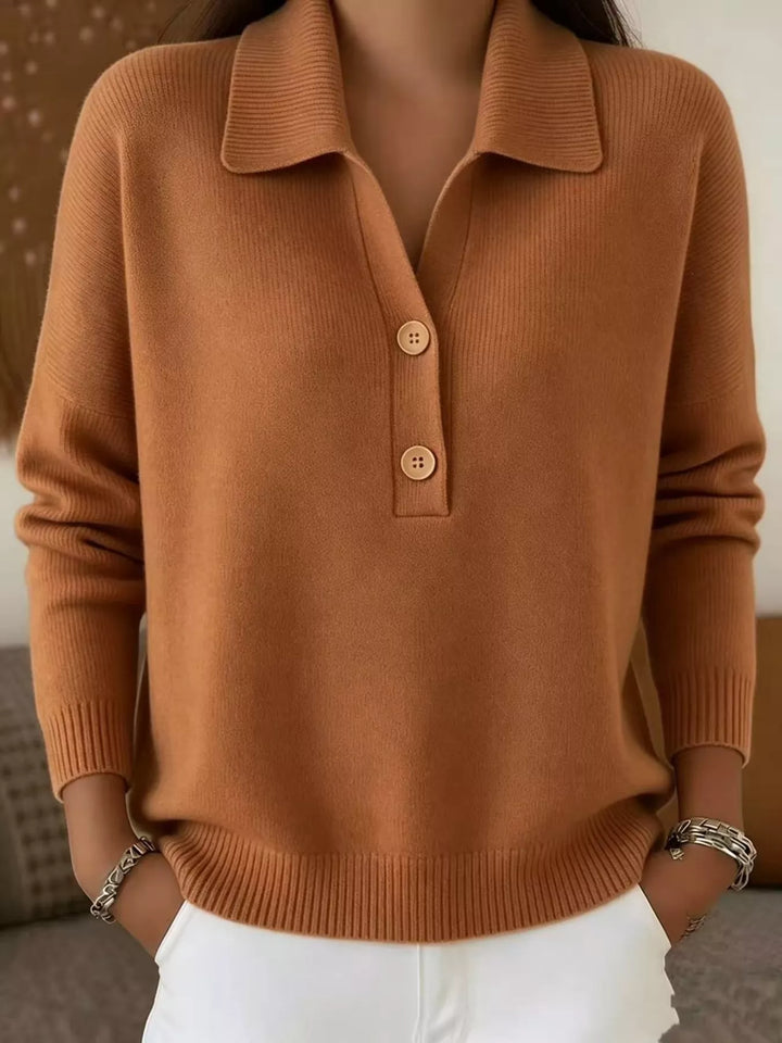 Caramel Collared button-placket long sleeve knit polo sweater