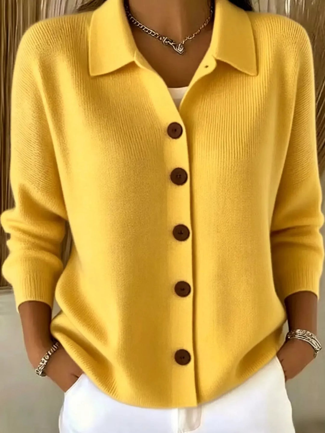 Yellow Collared button-front knit cardigan with contrast buttons