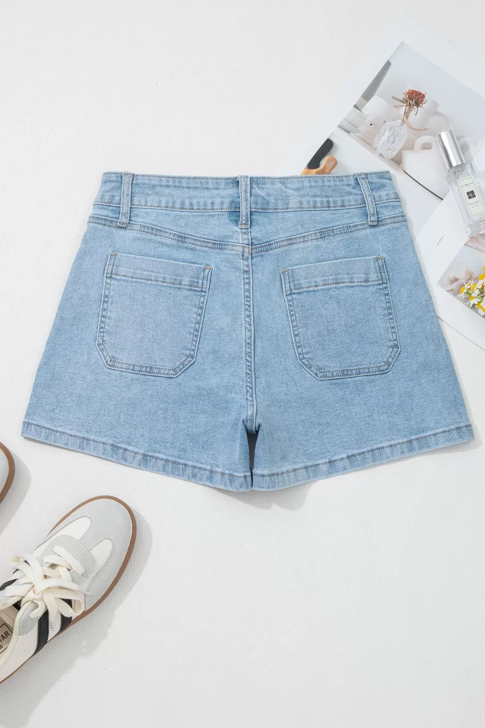 High-rise front patch pocket denim shorts
