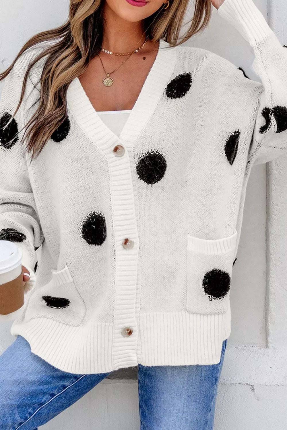Fuzzy polka dot button-up knit cardigan with pockets