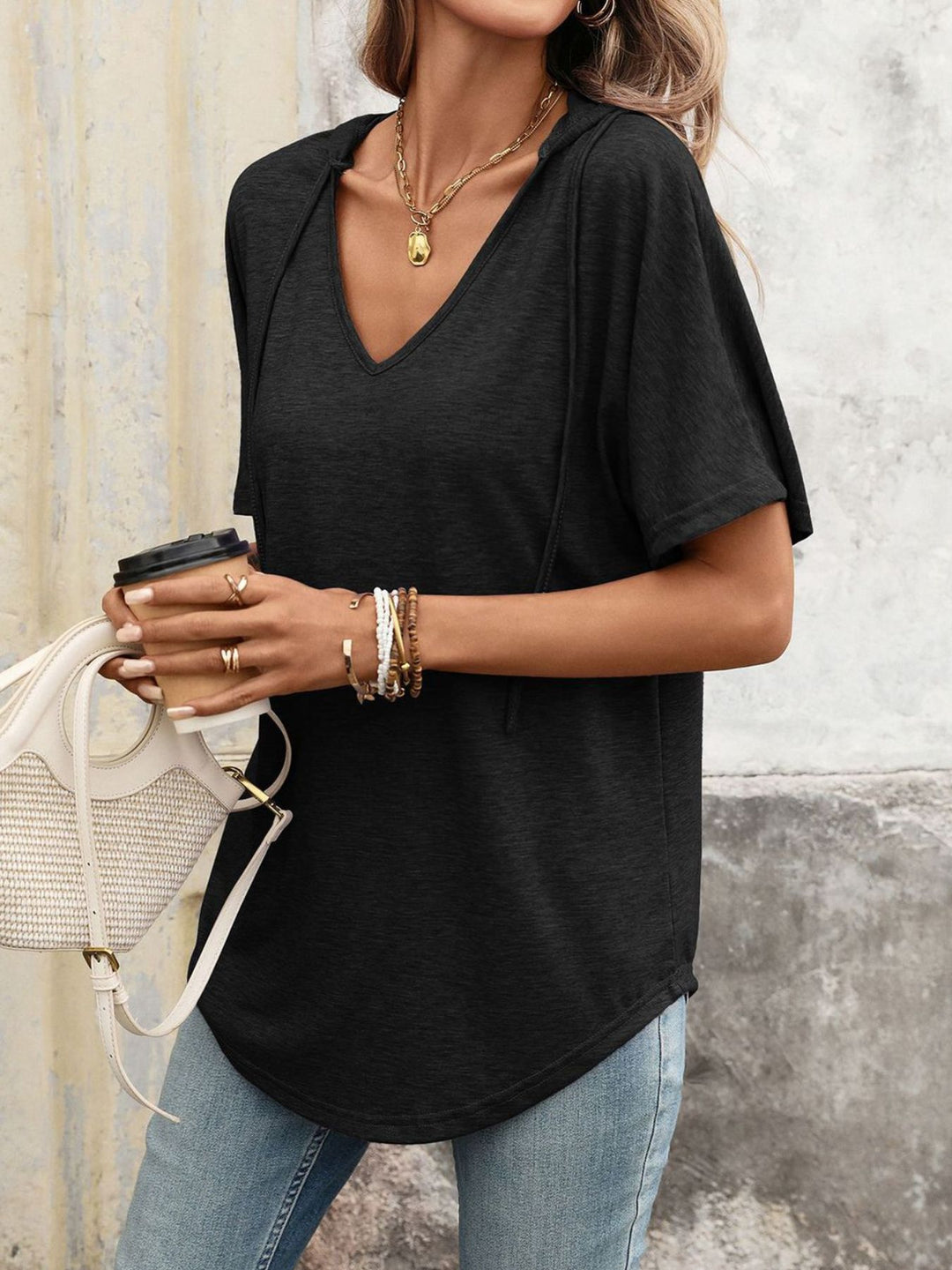 Hooded short sleeve tee with drawstring V-neck