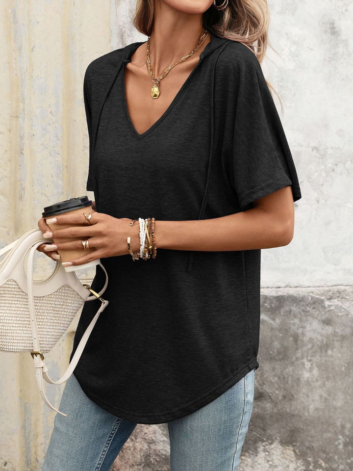 Hooded short sleeve tee with drawstring V-neck