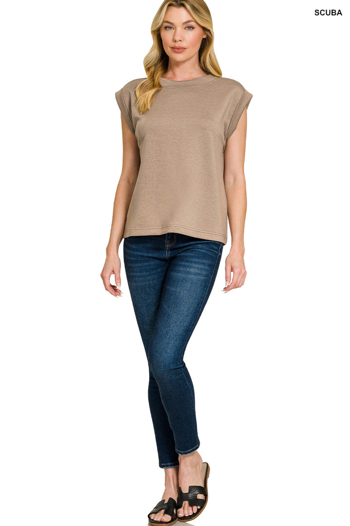 Structured scuba knit round neck cap sleeve top