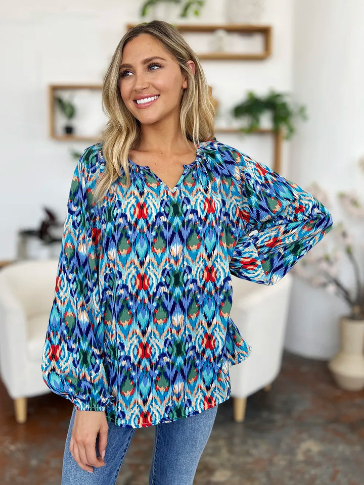 Abstract print balloon sleeve blouse with split neck