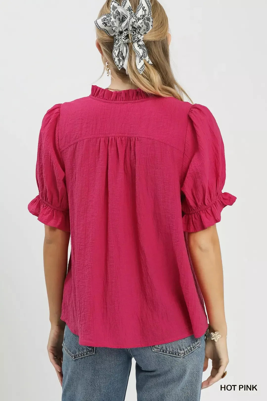 Textured puff sleeve button-front top with crochet lace trim