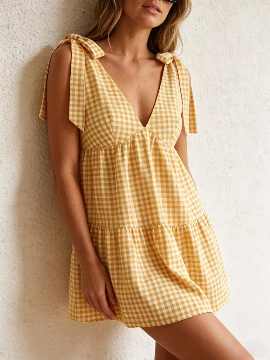 Gingham tie-shoulder babydoll mini dress