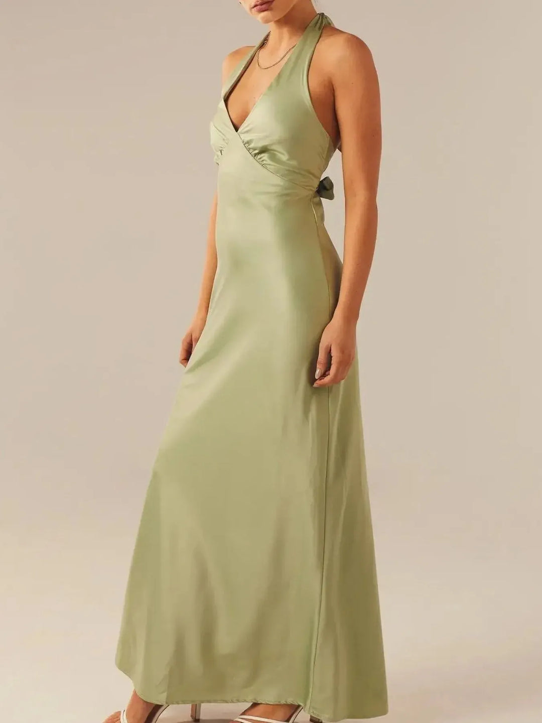 Green Satin halter wrap maxi dress with side tie
