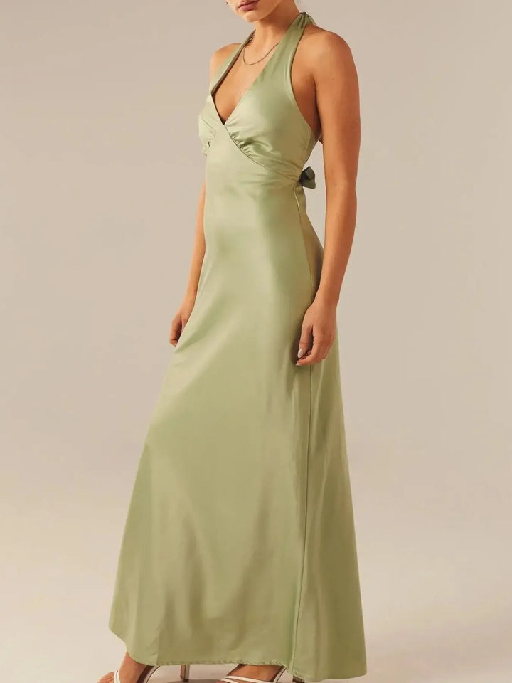 Green Satin halter wrap maxi dress with side tie
