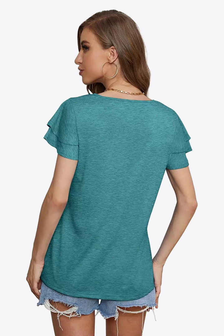 Tiered flutter sleeve blouse with split tie neck