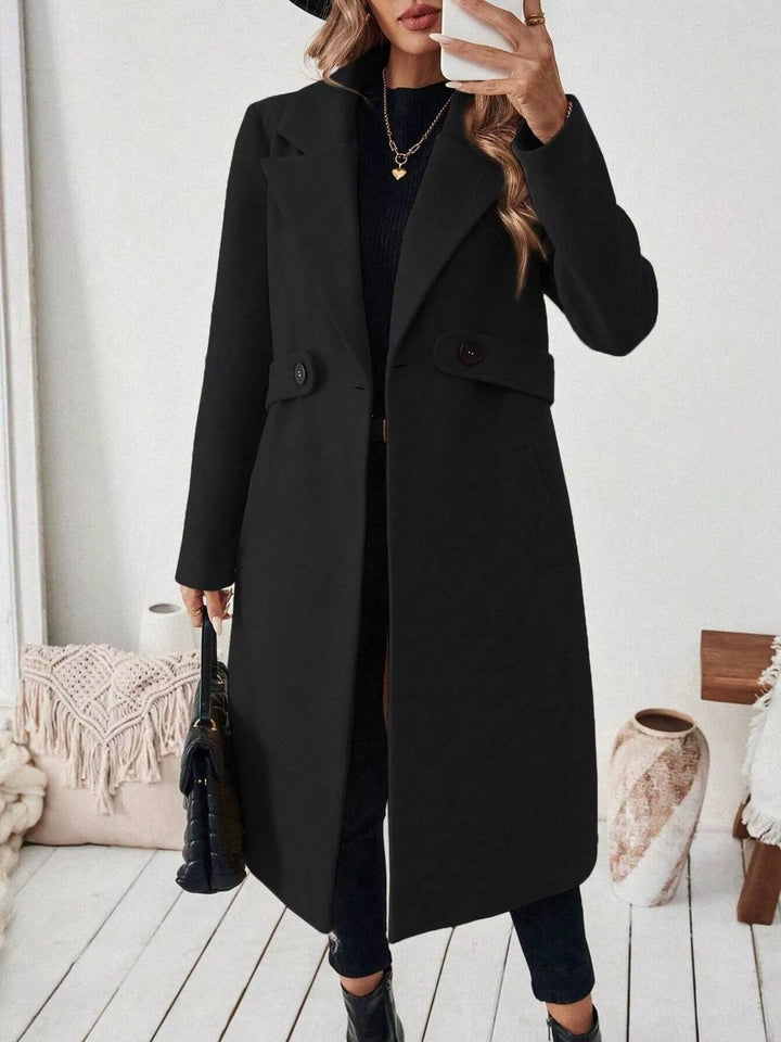 Notch lapel open-front longline coat with side pockets