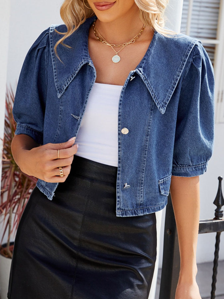 Cropped puff sleeve denim button-up top with oversized collar