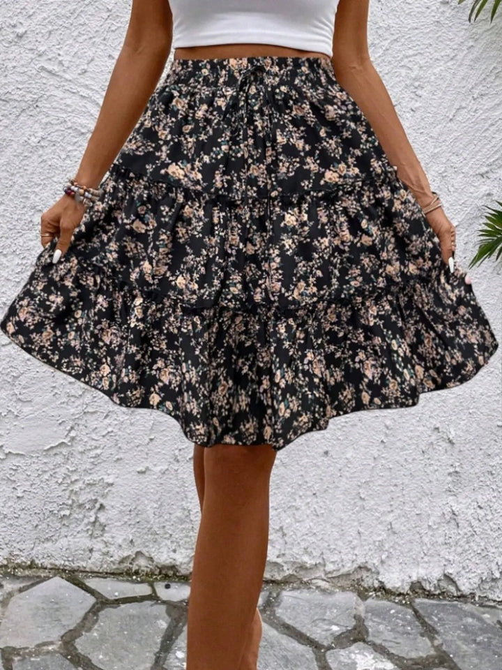 Floral print tiered ruffle mini skirt