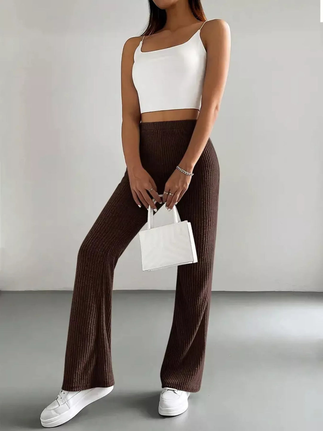 Brown High-rise ribbed knit flare pants