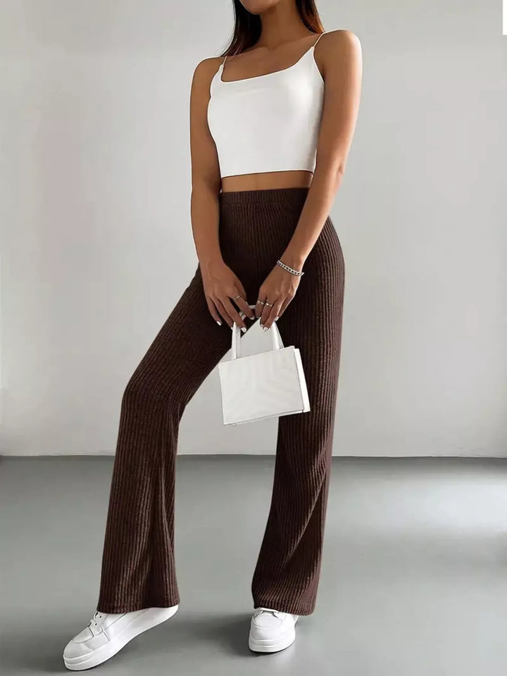 Brown High-rise ribbed knit flare pants