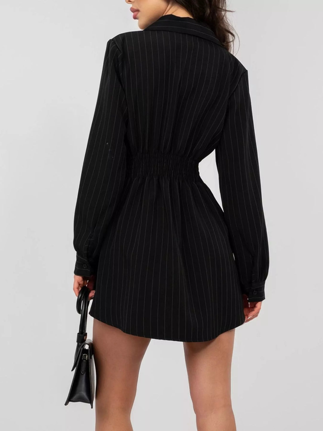 Pinstriped button-down mini shirt dress with ruched waist