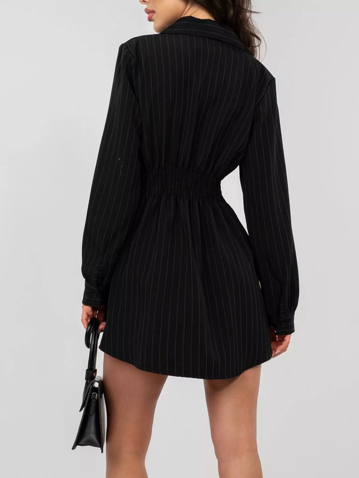 Pinstriped button-down mini shirt dress with ruched waist