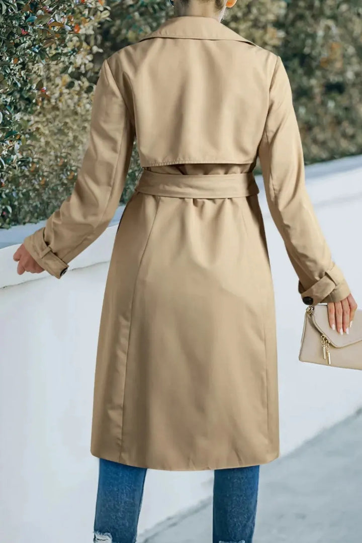 Double-breasted tie waist trench coat with notched collar