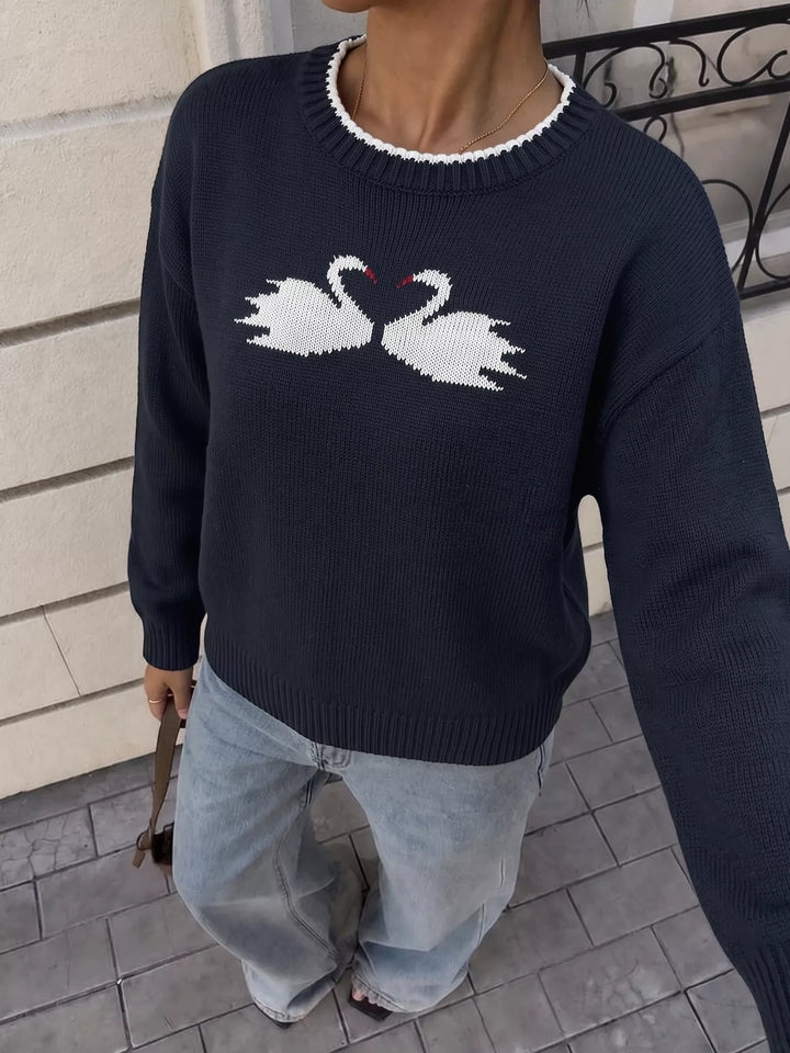 Swan intarsia drop-shoulder knit sweater with contrast trim