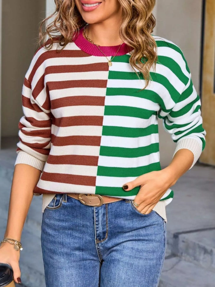 Colorblock striped crewneck sweater with contrast collar