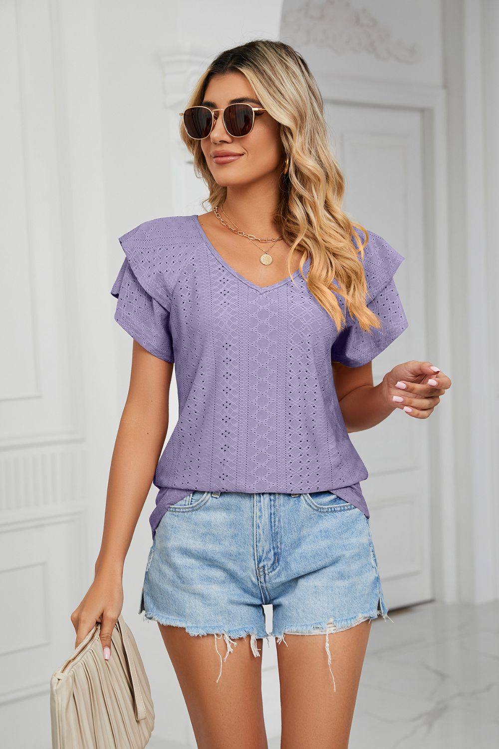 Lavender Eyelet knit V-neck top with layered flutter sleeves