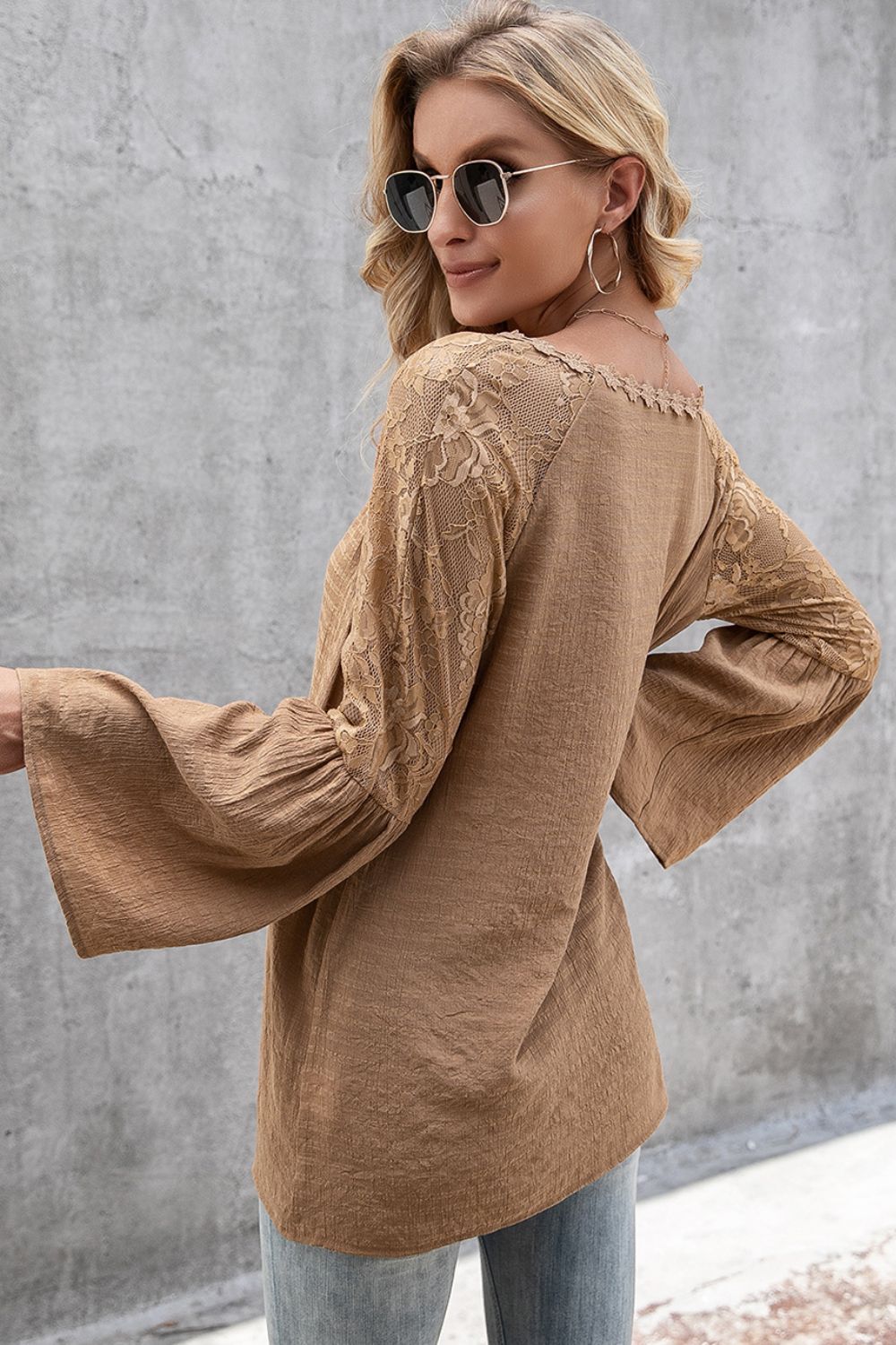 Floral lace panel V-neck bell sleeve top