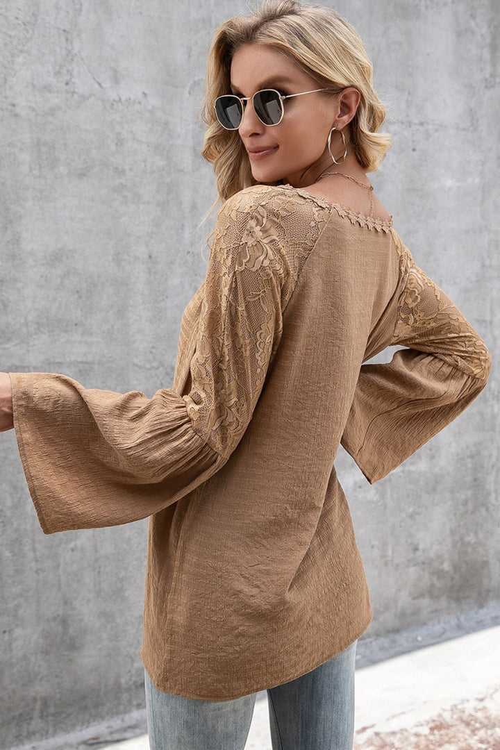 Floral lace panel V-neck bell sleeve top