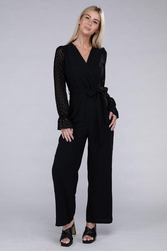 Sheer sleeve and Wide leg Jumpsuit - Azoroh