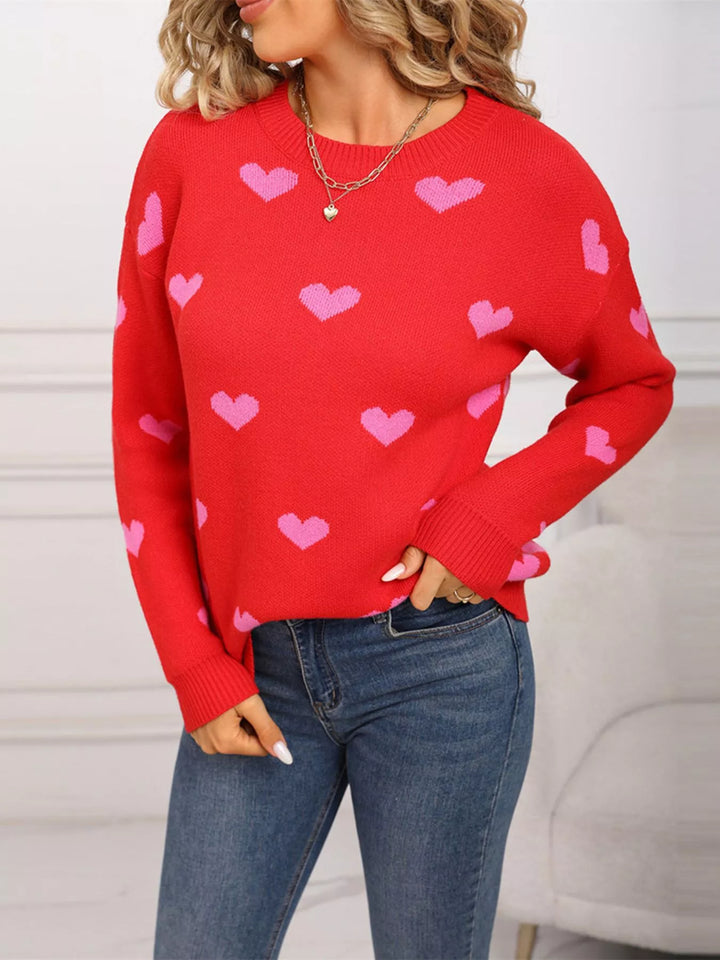 Heart pattern dropped shoulder crew neck sweater