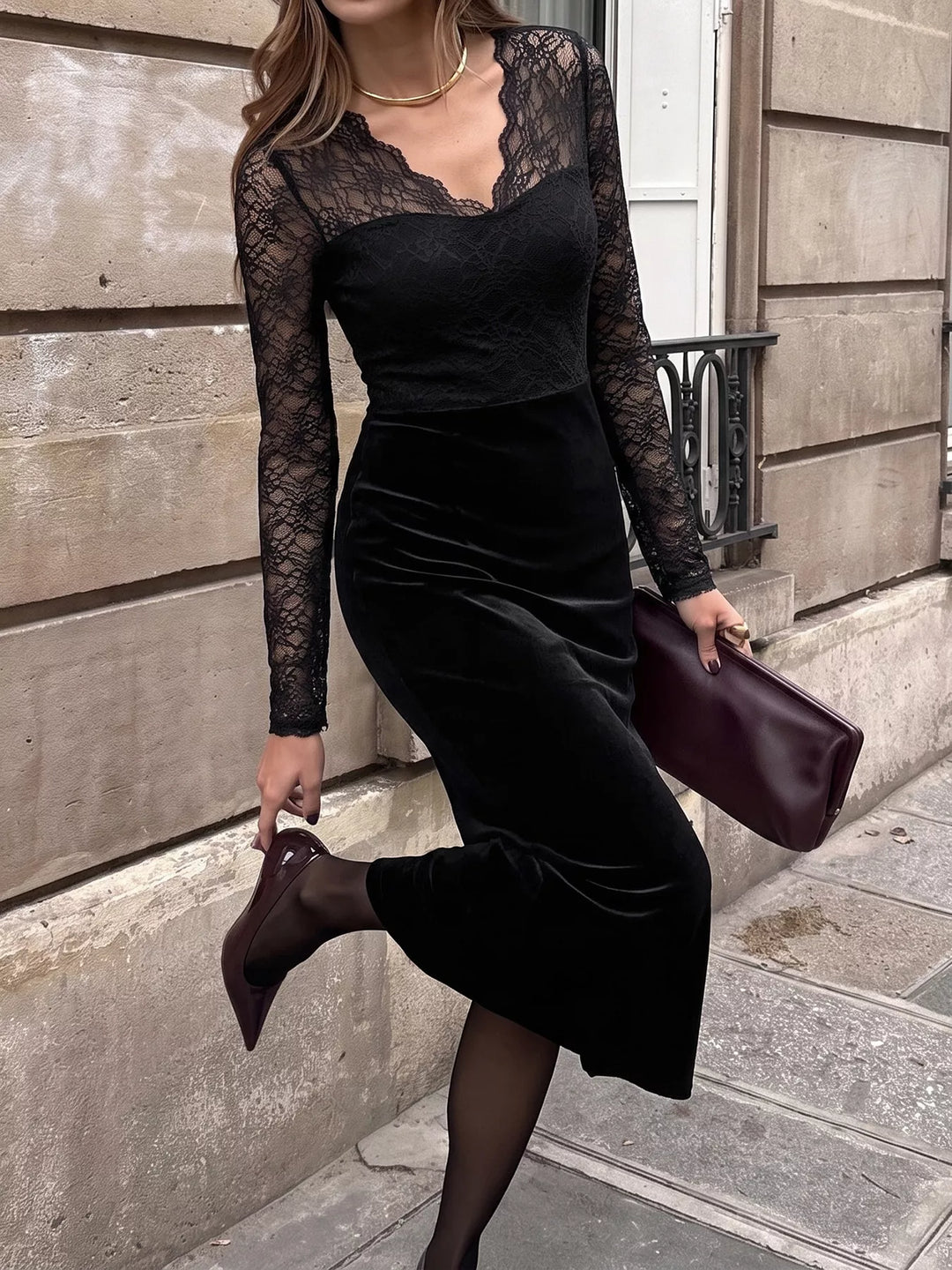 Black Lace bodice velvet midi dress with long sheer sleeves