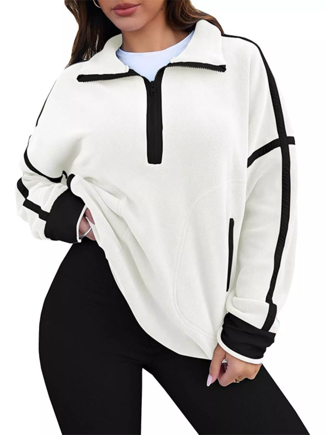 Half-zip fleece pullover with contrast trim and zip pockets