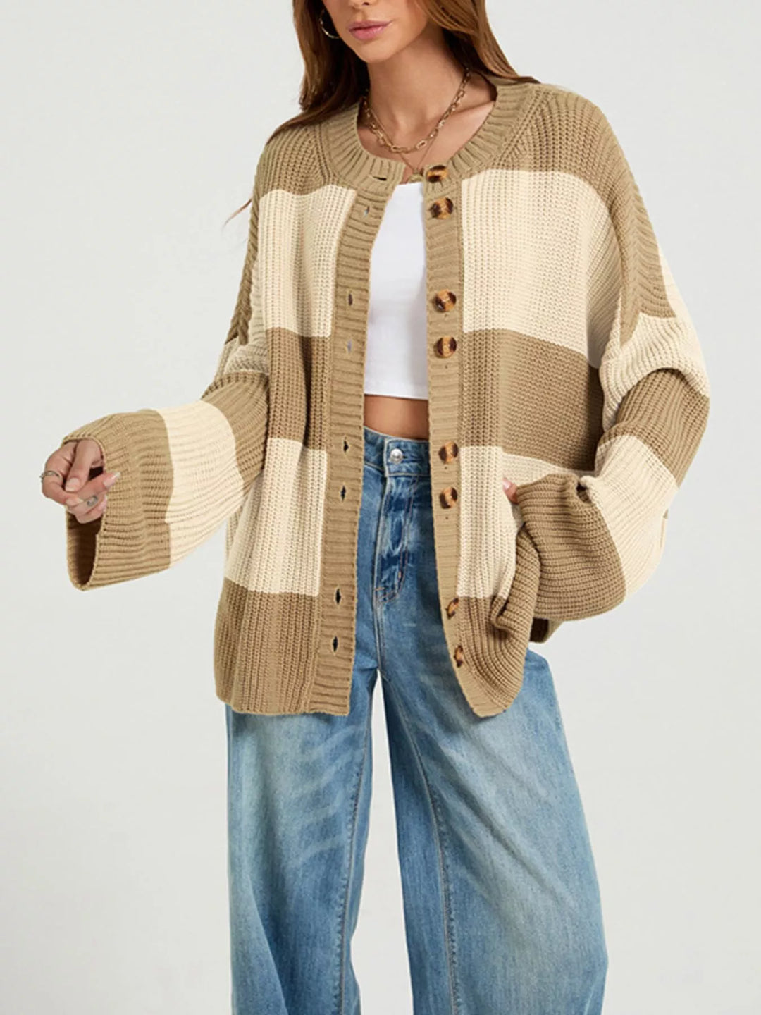 Khaki Color block ribbed knit button-up cardigan