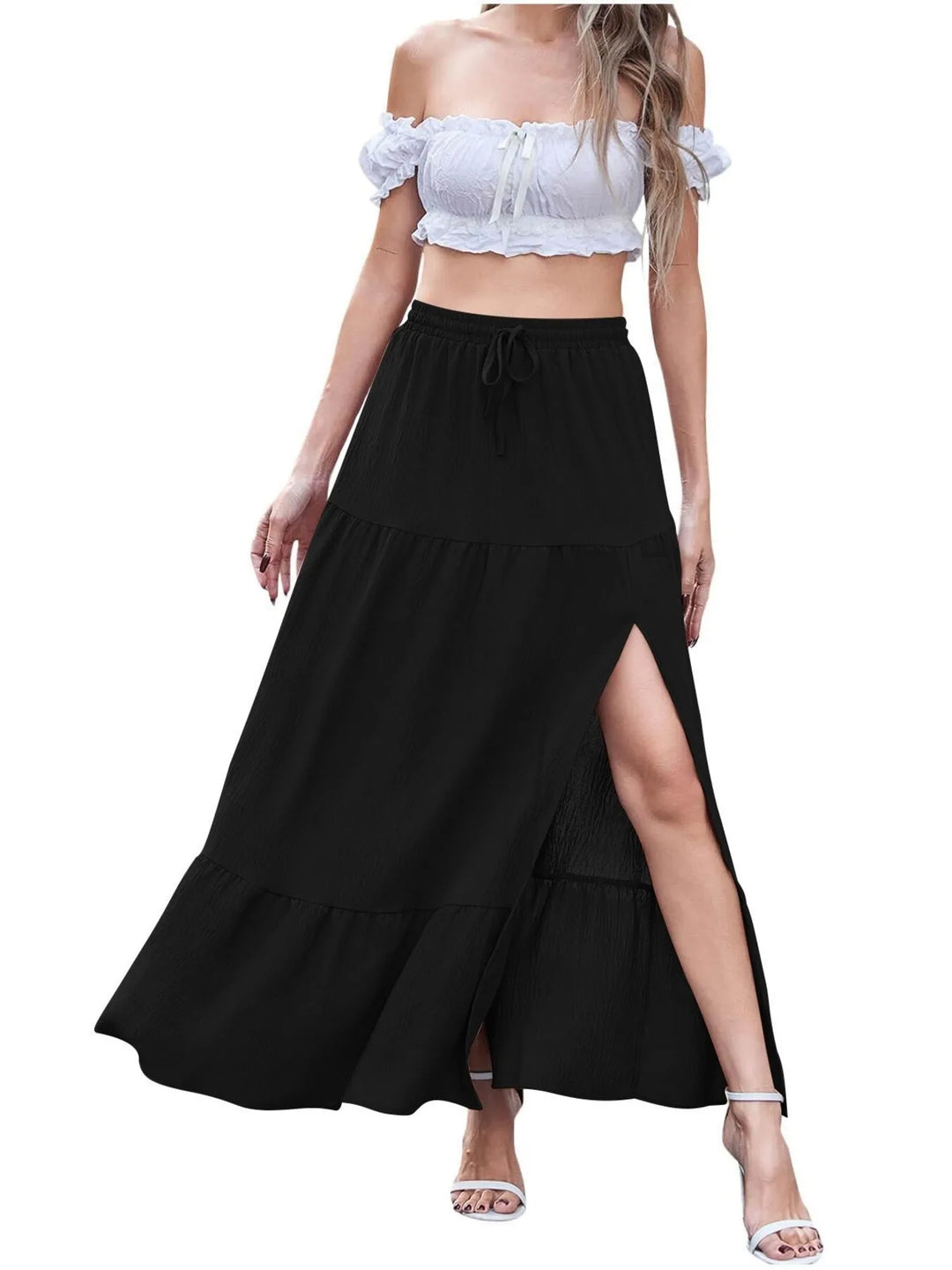 Black Tiered ruffled maxi skirt with front slit