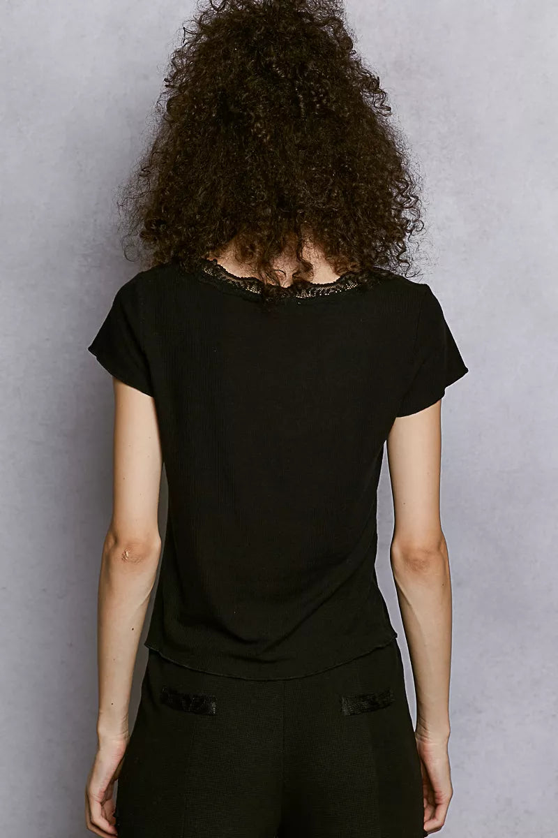 Ribbed scoop neck crop top with lace trim