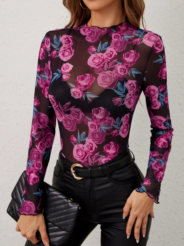 Sheer floral rose mesh mock neck long sleeve top