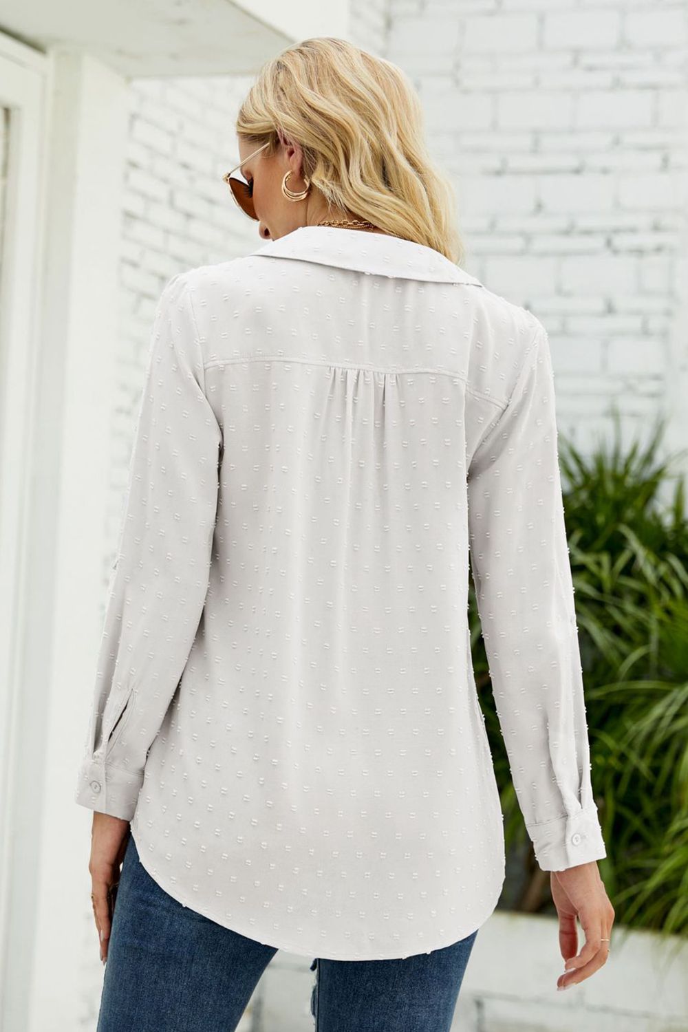 Swiss dot Johnny collar blouse with roll-tab long sleeves