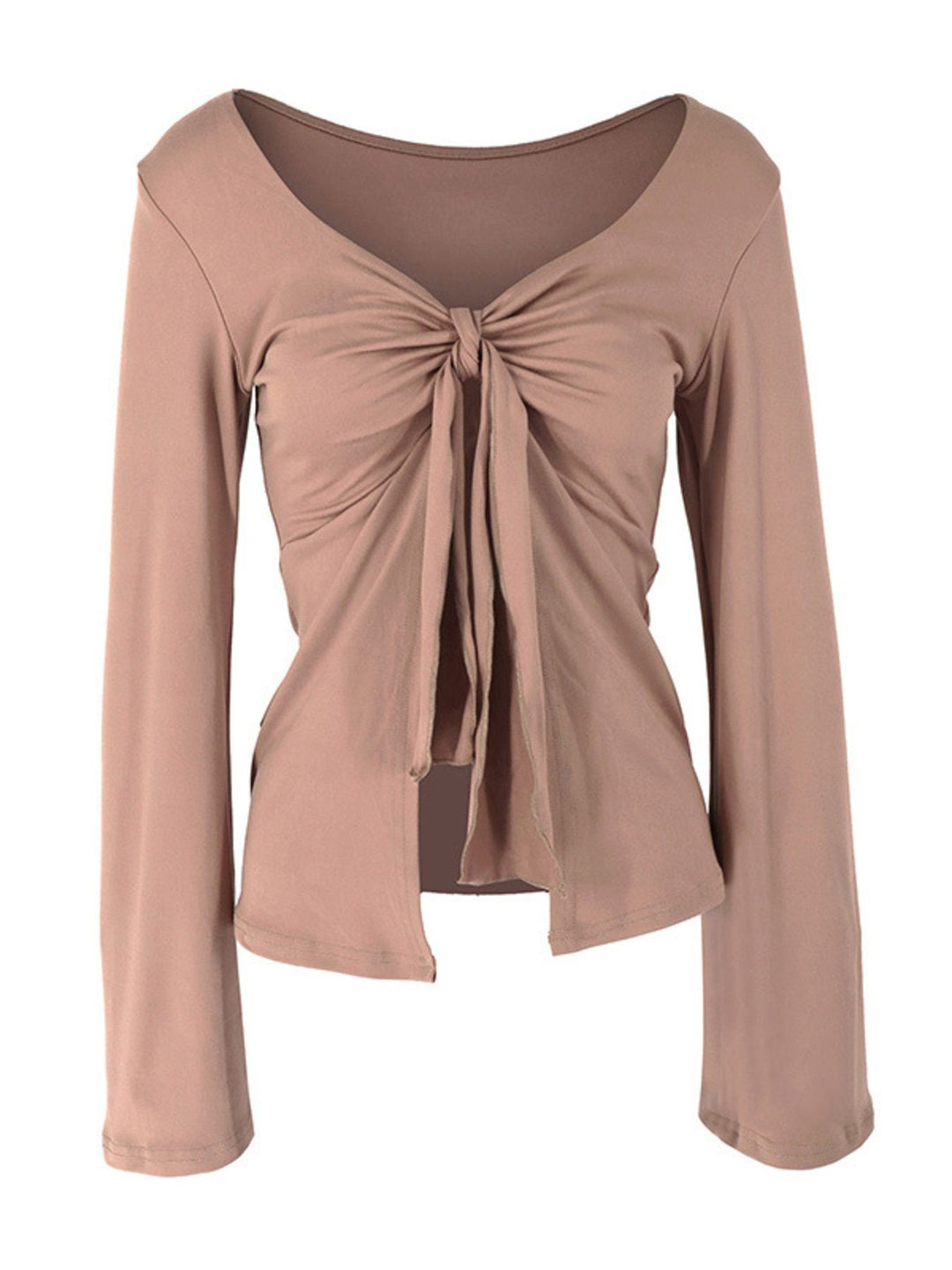 Khaki Tie-front long sleeve top with open cascading front