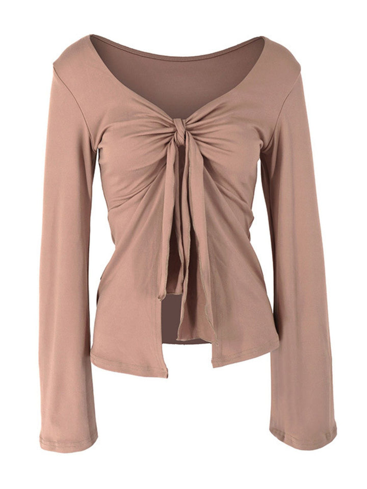 Khaki Tie-front long sleeve top with open cascading front