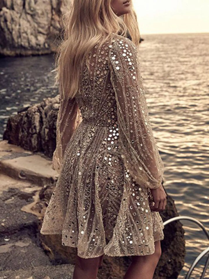 Sequin mesh plunge V-neck fit-and-flare mini dress